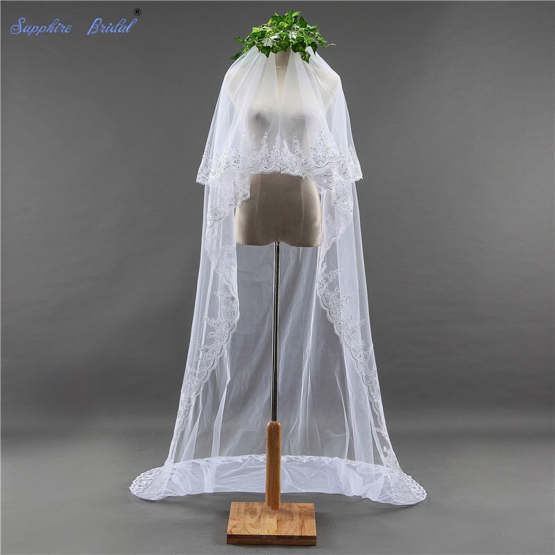 Voile De mariage avec fard à joues gratuit, voile De mariée De saphir 2 niveaux, avec bord en dentelle De 3 mètres