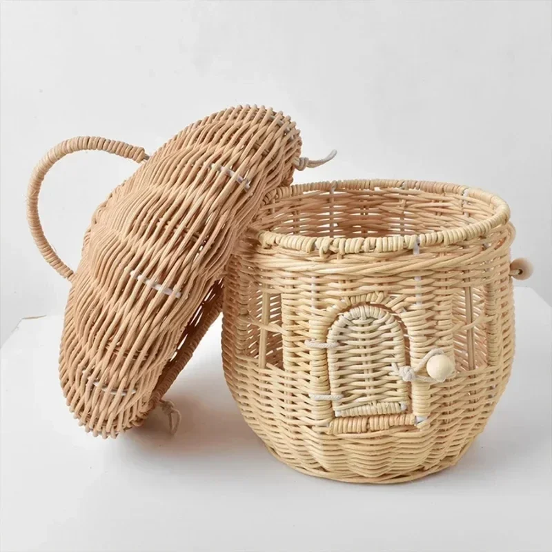 Panier décoratif en forme de champignon fait à la main, paniers tissés en rotin, décoration de chambre de filles, panier de pique-nique pour enfants, accessoires de photographie