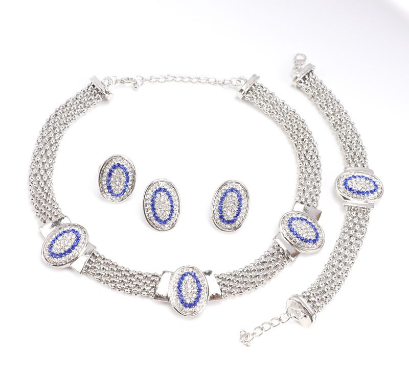 Ovale forme argent plaqué cristal ensemble de bijoux de mariage mariée africaine bijoux fantaisie ensembles pour les femmes: blue