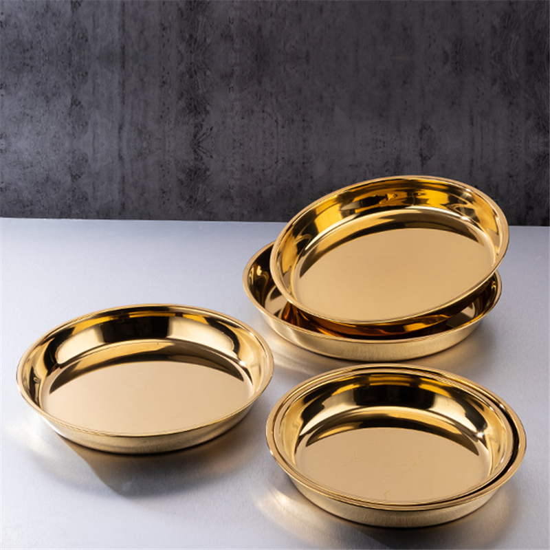 Thickened stainless steel disc metal pallet Large flat bottom deep plate Golden cake plate Restaurant plate plates set