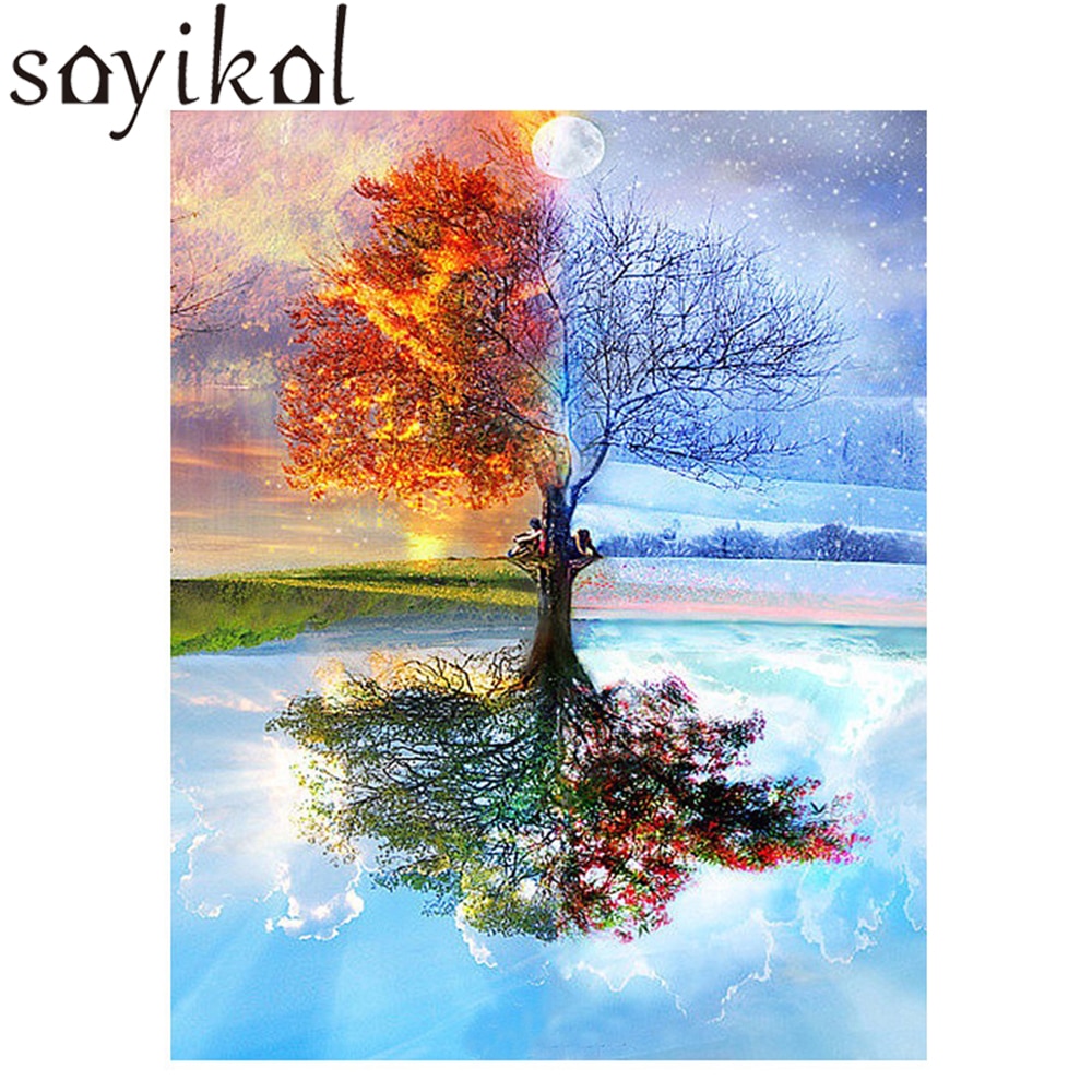 Oil Painting Frame Four Seasons Tree Landscape DIY Painting By Numbers Kit Paint On Canvas Painting Calligraphy For Home Decor