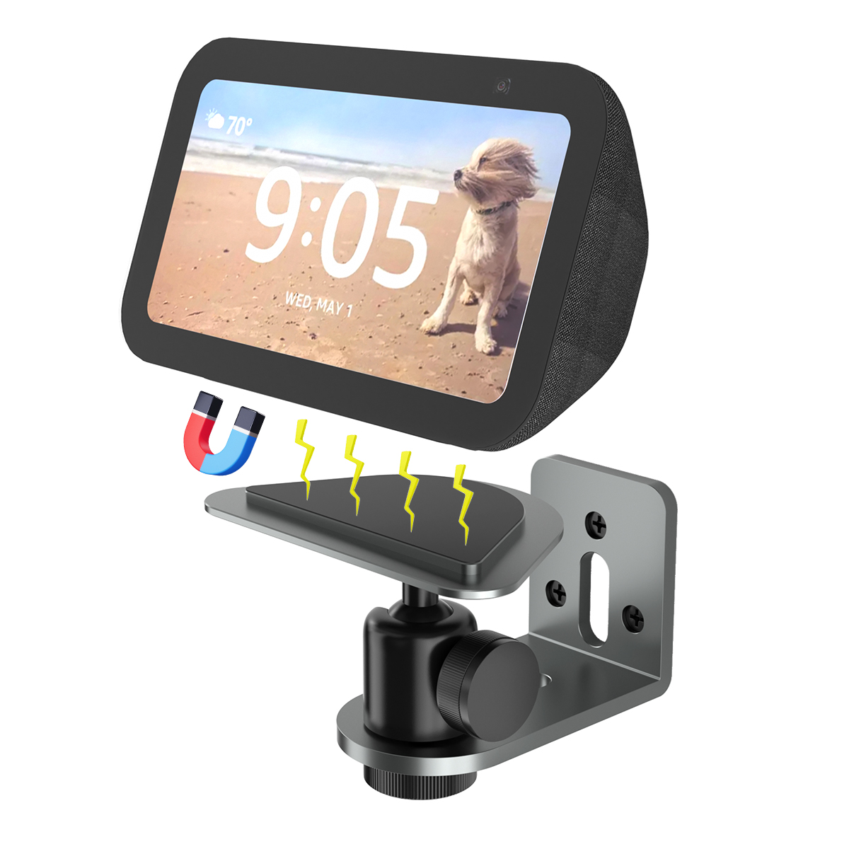 Echo Show 5 (3e generatie) standaard Sterke magnetische tafelstandaard Aluminiumlegering Verdikt Zilveren wandmontage Verstelbare beugel