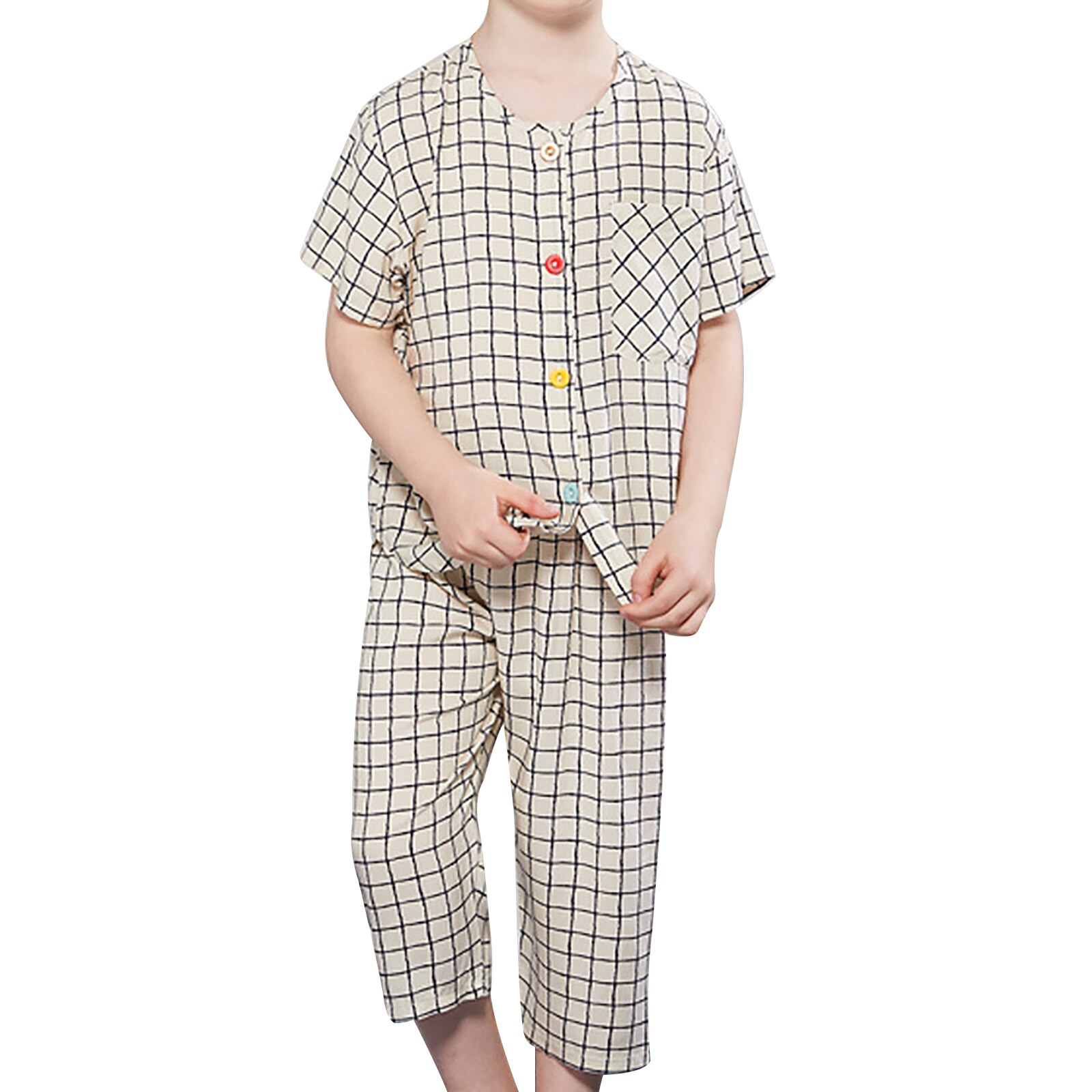 Unisex Baby Nachtkleding Kids Jongens Meisjes 2 Stuk Pyjama Set Kids Katoen Slaap Shirt Broek Pyjama Set Plaid Homewear Loungewear: Beige / 110