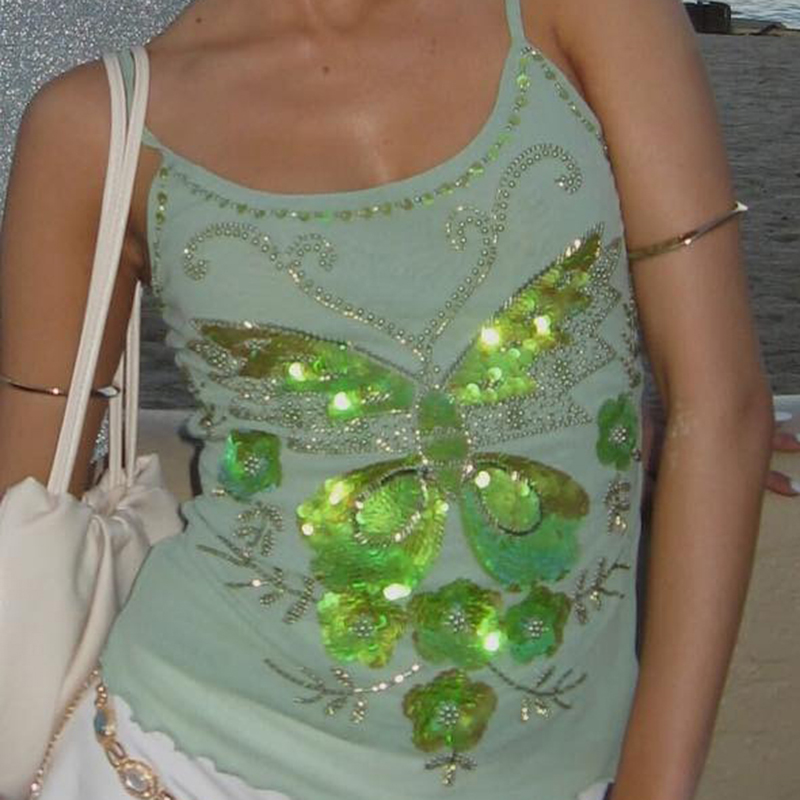 Sequin Beaded Crop Tops Coquette Multi-layers Sleeveless Camis Sparkly Glitter Tank Top Women Y2k Fiary Going Out Vest