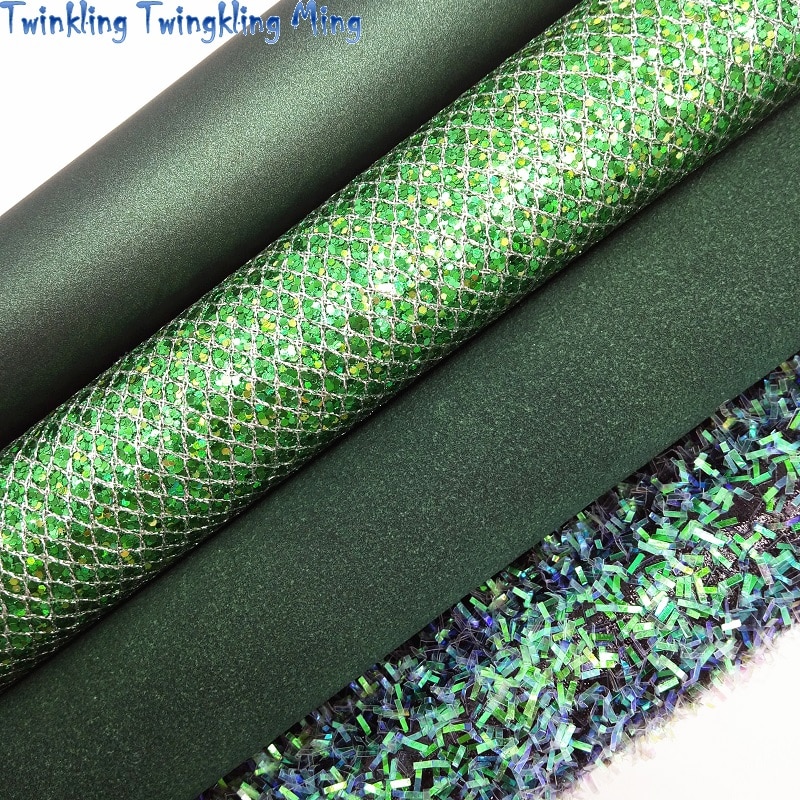 Grøn tissel glitter stof, ruskind imiteret stof, syntetisk læder stof plader til sløjfe  a4 21 x 29cm blinkende ming  xm742