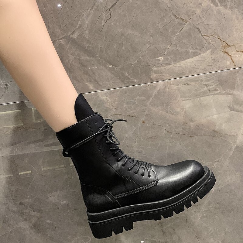 Retro støvler læder sorte støvler kvinder klumpede høje hæle snørebånd platform sko kvindelige punk stil botines mujer lynlås