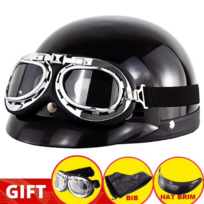 Retro Motorcycle Half Helmet Riding Vintage Cruiser Touring Half Helmets Moto Bicycle Scooter Skating Baseball Cap with Goggles: Bright black