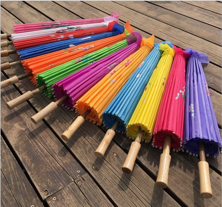 Paraguas de arte chino con de flores pintadas a mano, sombrilla de seda con marco de bambú para novia y dama de honor, 12 colores, , 5 unids/lote