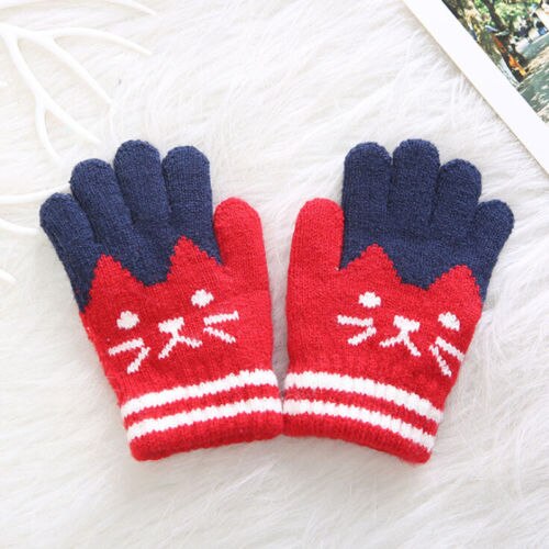 Cat Splice Mittens Winter Baby Boys Girls Knitted Gloves Warm Rope Full Finger Mittens Gloves for Children Toddler Kids: Red