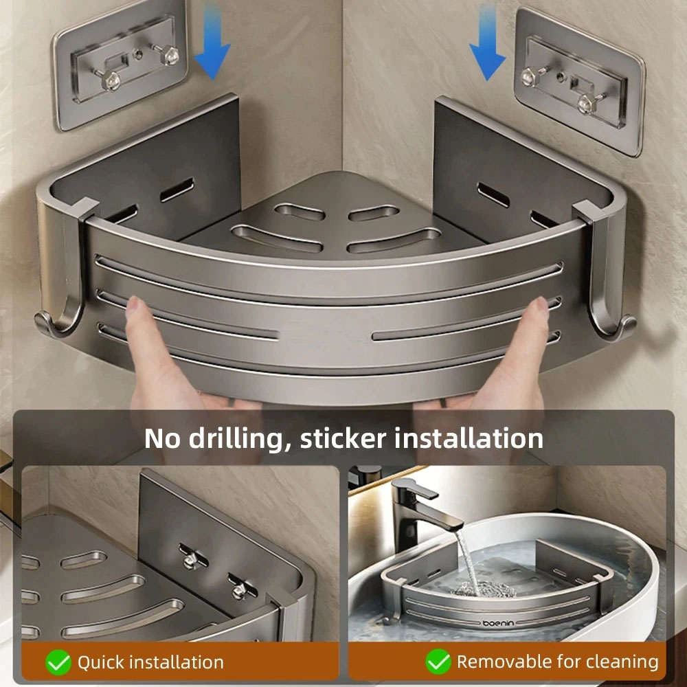 Estante esquinero para baño sin taladro, estantes esquineros para ducha montados en la pared con gancho, barra de toalla, estante organizador de baño de aluminio espacial