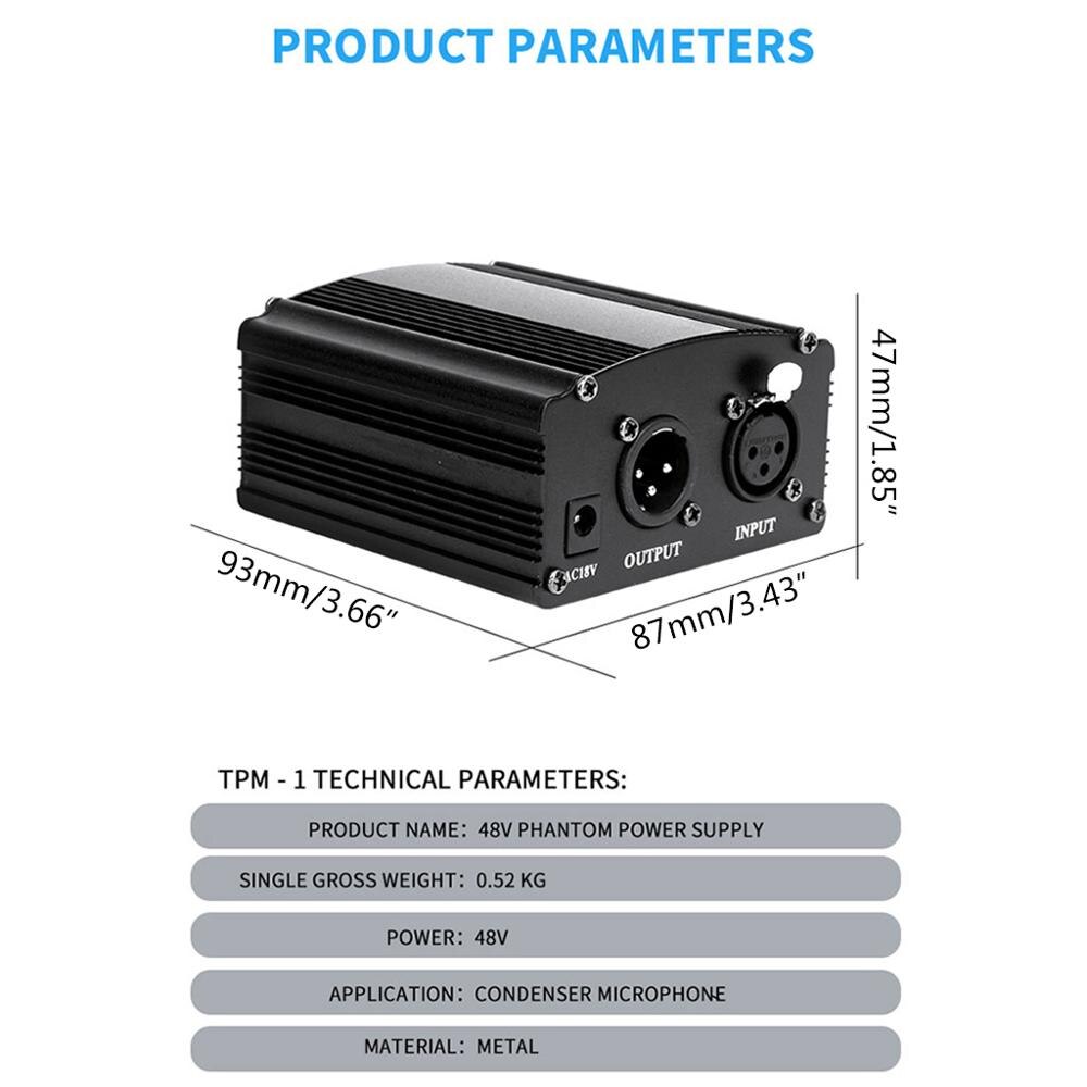 48V Phantom Power Supply with Adapter AU US EU Plug for Condenser Mic Karaoke Microphone Accessories Kit