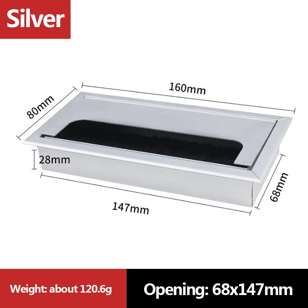 1PC Aluminum Alloy PC Desk Rectangle Wire Cable Office Table Hole Cover Outlet Port with Black Brush Cable Organizer: Silver-80x160mm