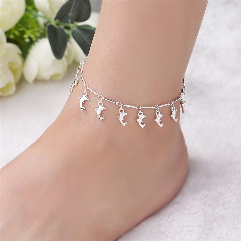 Neue Fuß Fußkettchen 925 Sterling Damen Silber Fußkettchen Armbinde Kette Für Frauen Delfine Anhänger Quaste Fuß Pulseras Schmuck CB176