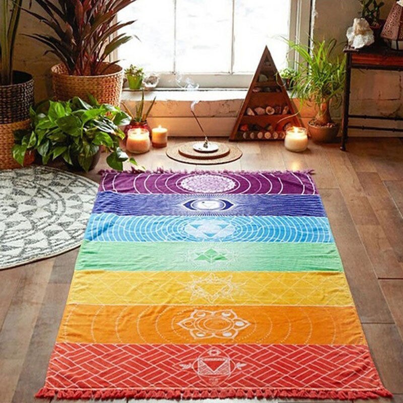 ! Single Rainbow Chakra Tapestry Towel Carpet Mandala Boho Stripes Travel Yoga Mat Outdoor Mats 150x70cm/100x45cm