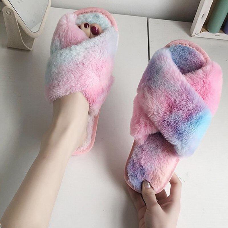 Multi-color Women Fluffy Slipper Shoes Winter Cross-tie Plush Slippers Flat Shoes Warm Faux Fur Slipper Home Ladies Shoes