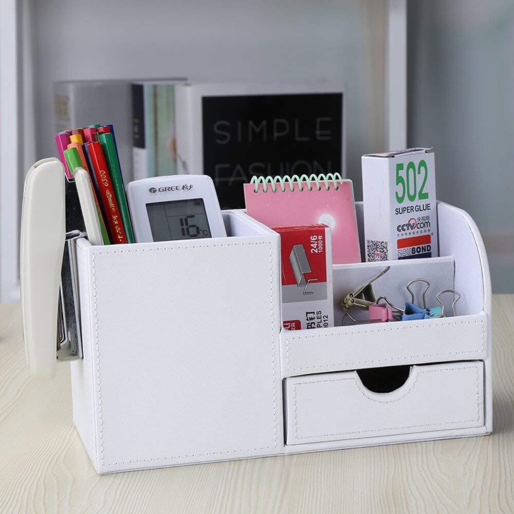 XRHYY White 3 Storage Compartments PU Leather Office Desktop Organizer Stationery Box Collection Business Card/Pen/Pencil