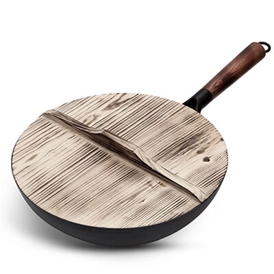 Jern wok med træhåndtag traditionelt håndlavet jern wok køkken non-stick pande ikke-belægning gaskomfur køkkengrej: Låg med gryde