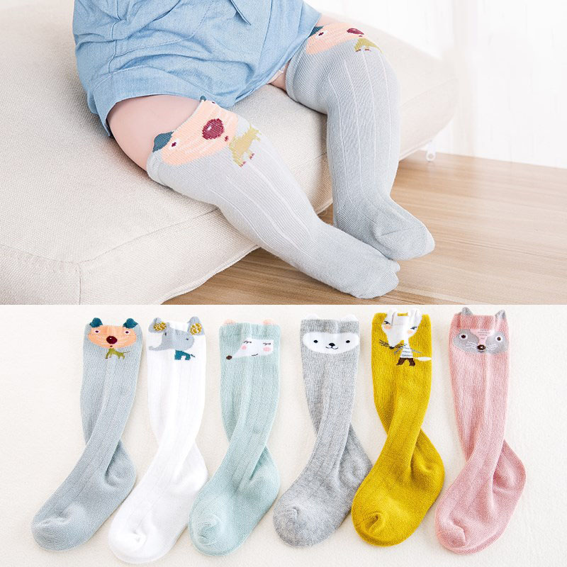 Tegneserie nyfødt baby sokker dyreprint baby pige dreng knæ sokker bomuld småbørn spædbørn piger knæ høje sokker sokken 0-12m: Stil 1 blå 0-12m