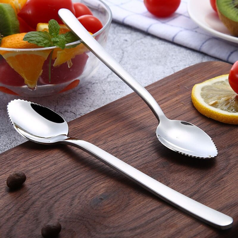 Grueso suave de acero inoxidable cuchara de postre borde dentado cortar fruta cocina gadget herramientas de la cocina