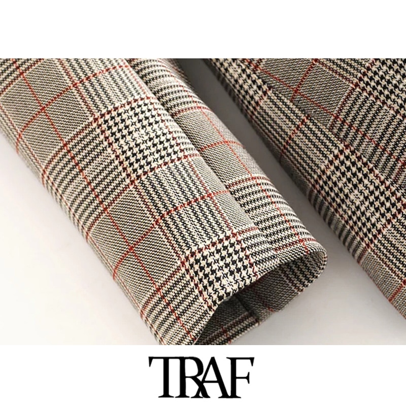 Traf kvinner vintage stilig kontorklær rutete blazerkåpe langermet med belte kvinnelig yttertøy elegante topper