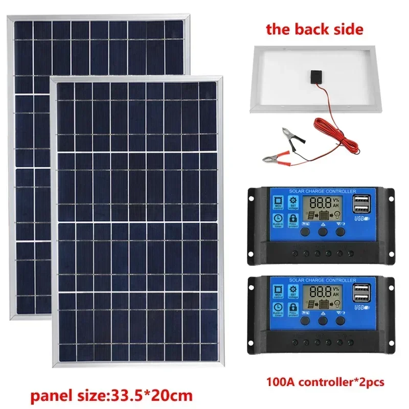 Kit de panel solar de 300W y 12V con controlador 10A-100A, puerto USB, cargador de batería solar portátil adecuado para acampar al aire libre, RV móvil: Plata / Gris