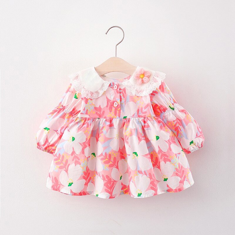 2022 nuovi abiti a maniche lunghe autunnali ragazze da 1 a 4 anni fiori floreali abiti per bambini per ragazze vestiti per bambini in cotone ragazza: Colore rosa / 4T