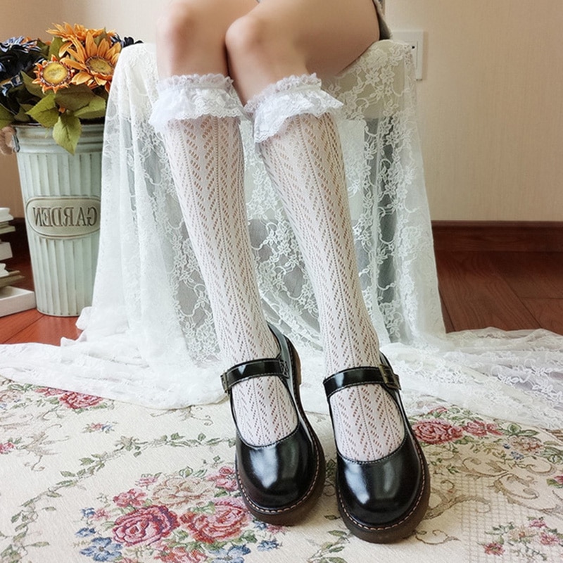 Medias altas de encaje blanco de Lolita japonesa para mujer, medias transparentes de rejilla, hasta la rodilla, medias de pierna, ropa de calle