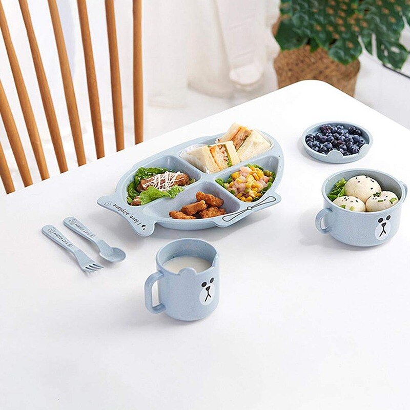 Assiette d'alimentation solide en plastique pour enfants, plat à dîner divisé pour enfants, joli hélicoptère de dessin animé, nourriture pour bébé, 4 sections avec cuillère fourchette