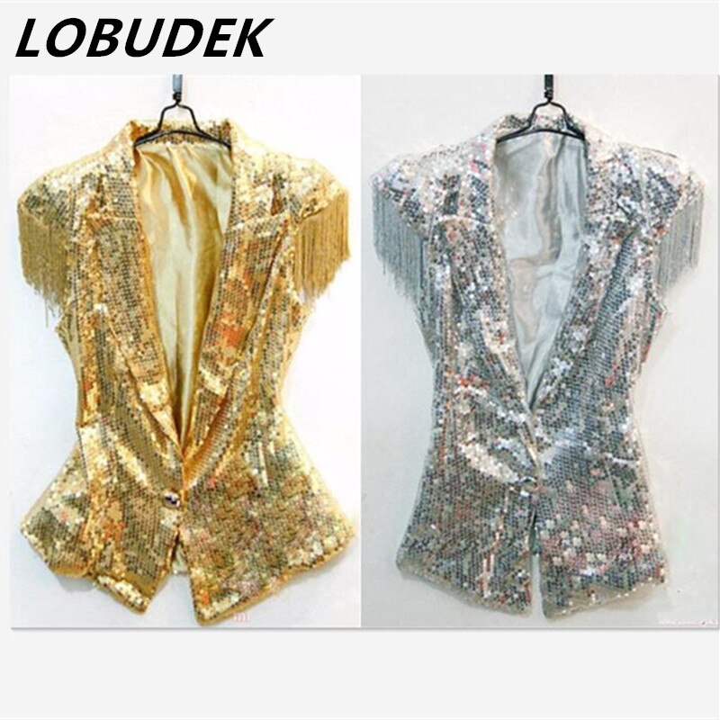 Weiblich männlich silber Gold pailletten weste jacke sänger leistung Ds blei tänzerin kleidung quaste Jazz tänzerin kostüm oben