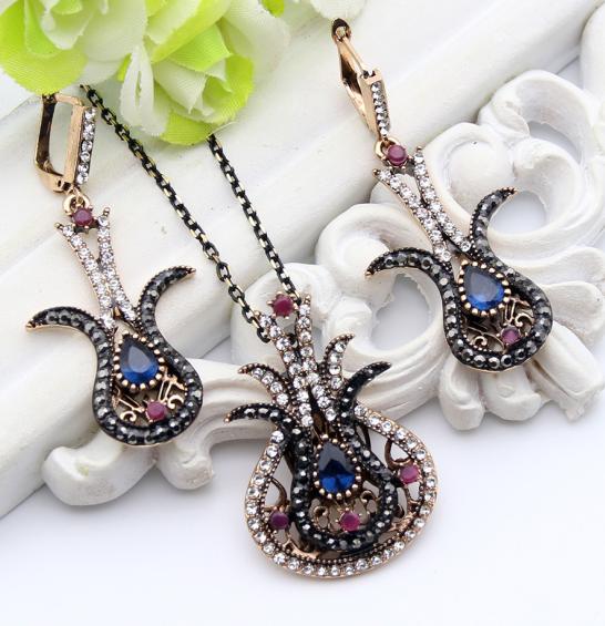 Vintage turkiska kvinnor tulpan blomma smycken set antik guld färg harts örhänge strass halsband nigeria brud smycken set: Bluefa 0719