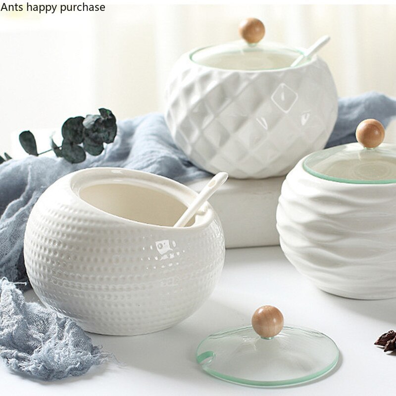 Single Pot Single Tank Ceramic Seasoning Jar Salt Shaker Oiler Kitchen Supplies Chinese Household Seasoning Box with Spoon Lid