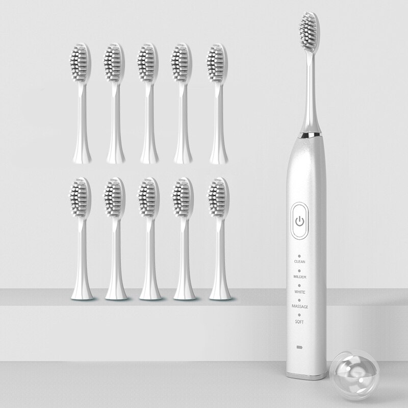 Ultrasonic Sonic Electric Toothbrush Powerful Tooth Brush USB Rechargeable Adult Electronic Washable Whitening Teeth Brush: 15 gears 10 heads W