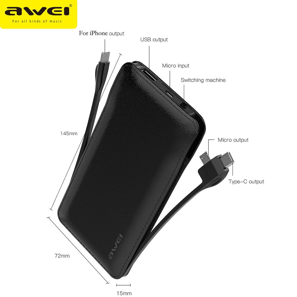 Awei Power Bank P51K Reizen Draagbare Powerbank 10000 Mah Ingebouwde Lightning Type C Micro Kabel Voor Xiaomi