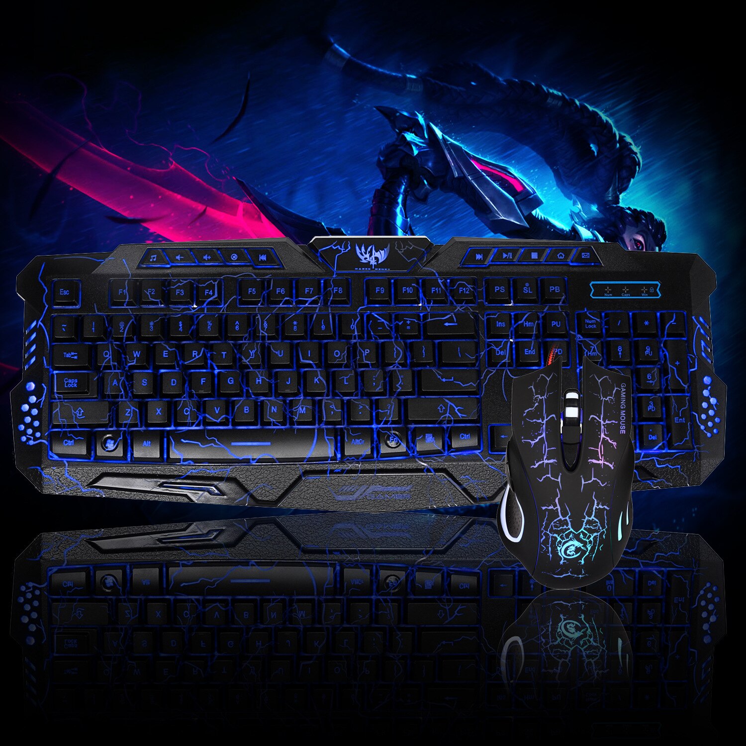 3-colors backlit wired gaming keyboard set Colorful glowing gaming mouse and keyboard