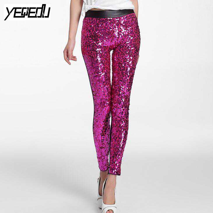 #0503 vår sommar punk pu paljetter leggings paljett byxor elastisk hög midja sexig klubb konstläder glänsande silver/guld/röd