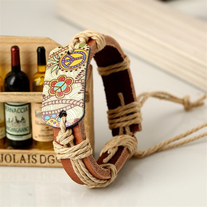 bracelets pour femme Hippie Rétro Réglable En Cuir Bracelet Bijoux Faits À La Main Pour Les Femmes Fleur Imprimé Corde