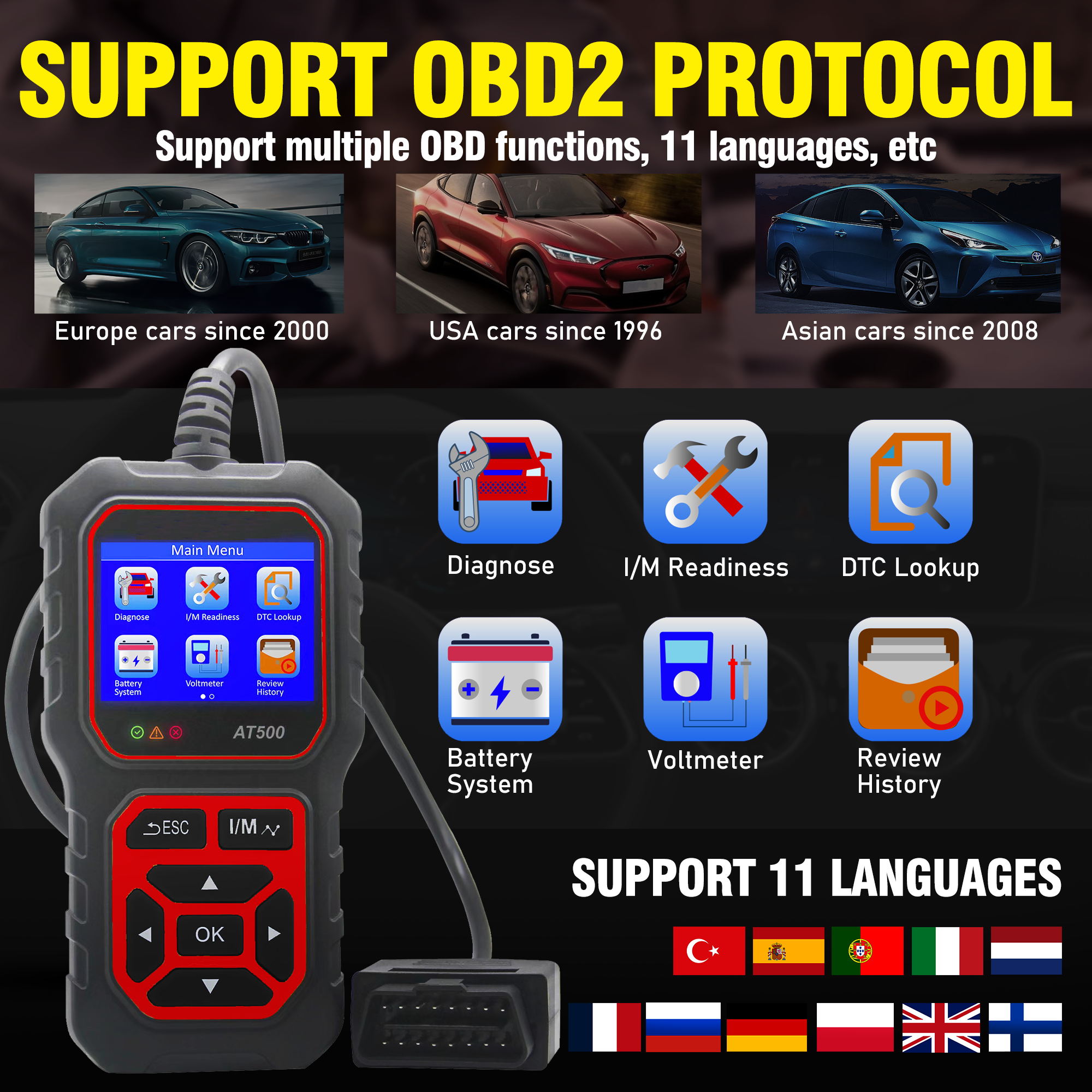 OBD2 Scanner Red AT500 Code Reader Diagnostic Tools Read and Display Data For Universal Cars