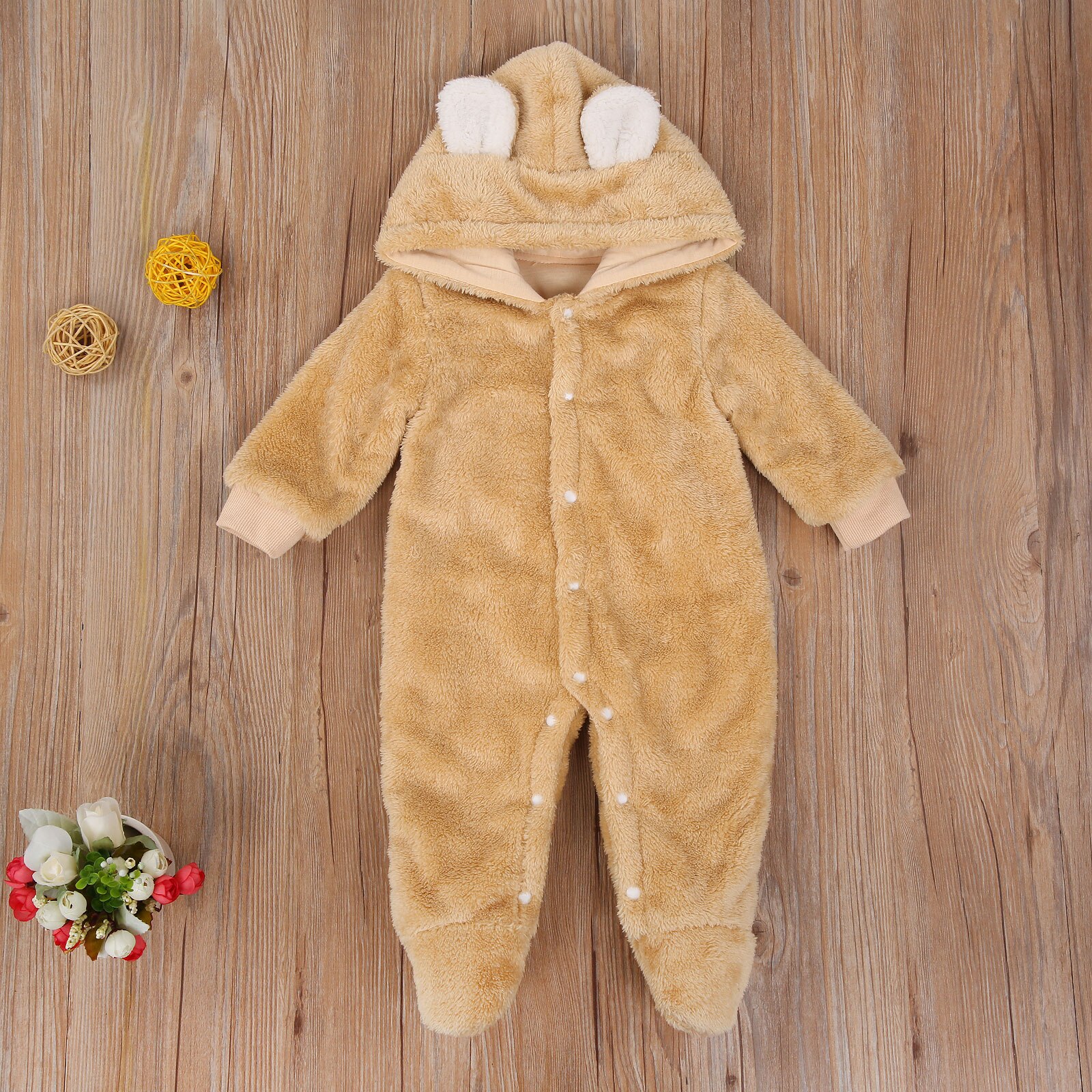 Baby Jongen Meisje Winter Romper Lange Mouw Herfst Verse Pluche Effen Kleur 3D Oren Hooded Een Stuk Lange Broek