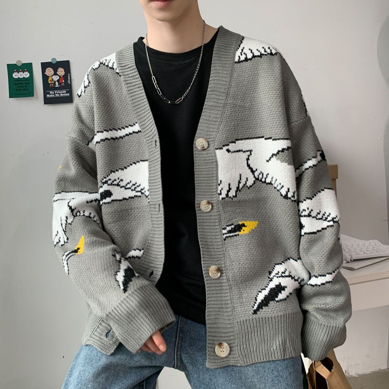 Strik til mænd cashmere cardigan sweater 4 farver frakker strikket tøj print afslappet i varme uld sweatere m -2xl: Grå / M