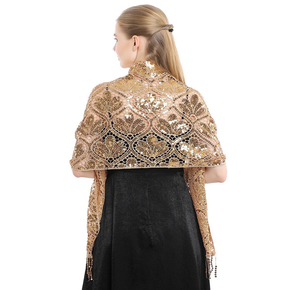 Scialle di pizzo con paillettes vuote da sposa da donna di lusso avvolgere il partito femminile lucido luccichio stola sciarpa da ballo con nappa