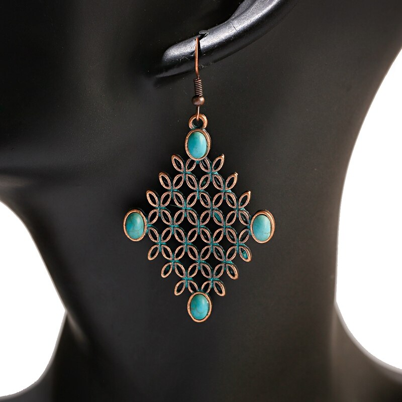 Vintage Retro Rhombus Grid Hollow Geometry Earrings Womens Boho Bohemian Earrings Tibetan Jewelry