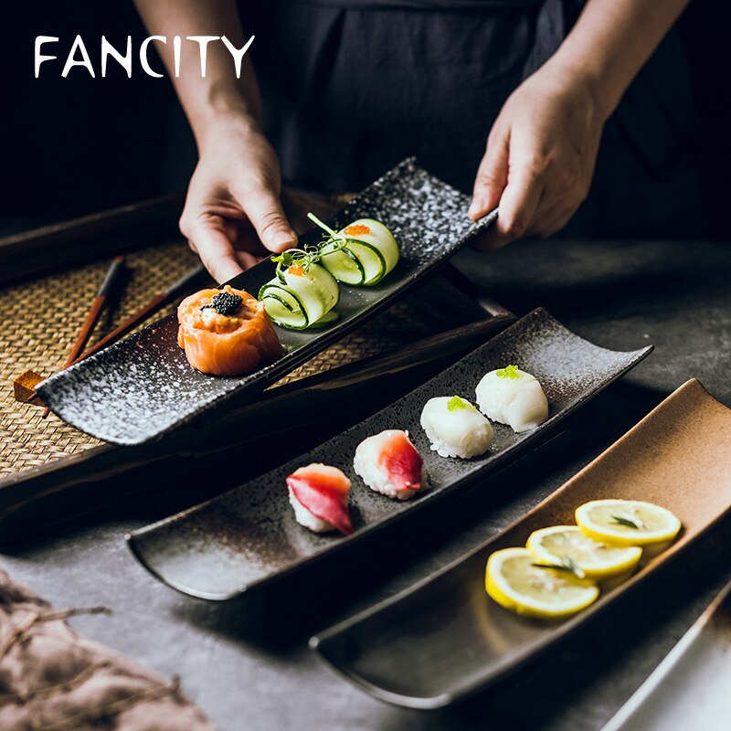 Fancity lange plader, firkantede plader, sushi plader, sorte enkle lange plader, restaurant bordservice leverancer.
