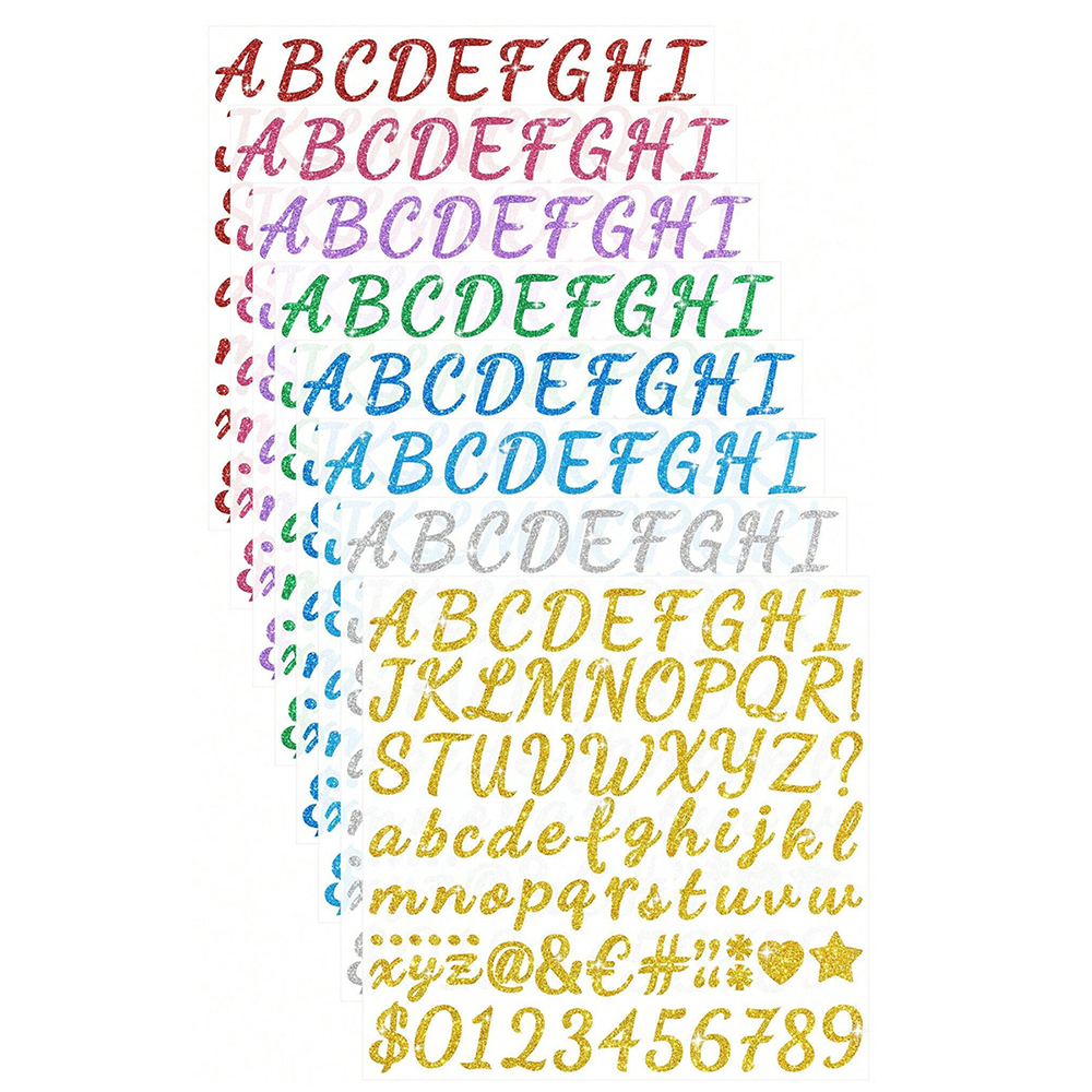 8 Vellen Glitter Letter Stickers Zelfklevende Glitter Alfabet Nummer Etiketten Stickers voor Scrapbook Waterflessen Ambachten Decor: lichtgeel
