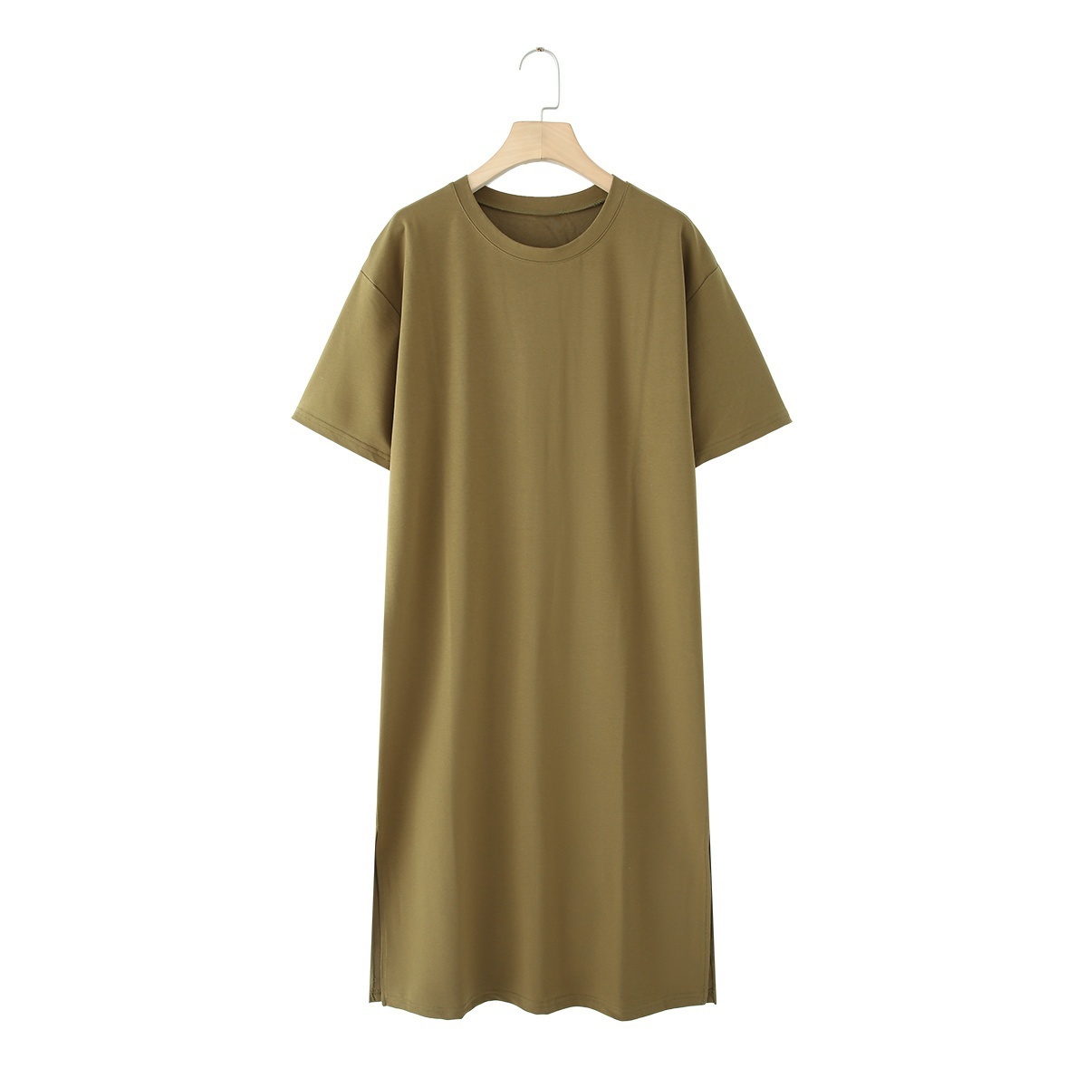 UNIZERA Summer Women's Lazy Simple Short-sleeved Round Neck T-shirt Dress Versatile Loose Slit Long Skirt: M / army green