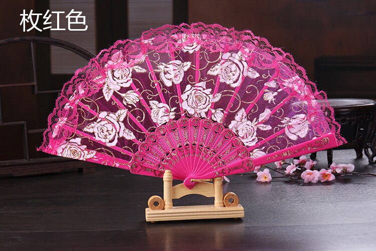 Auviderin Spaanse Kant Rose Gevouwen Handheld Dance Fans Bloem Voor Partij Decoratie: Rose Red