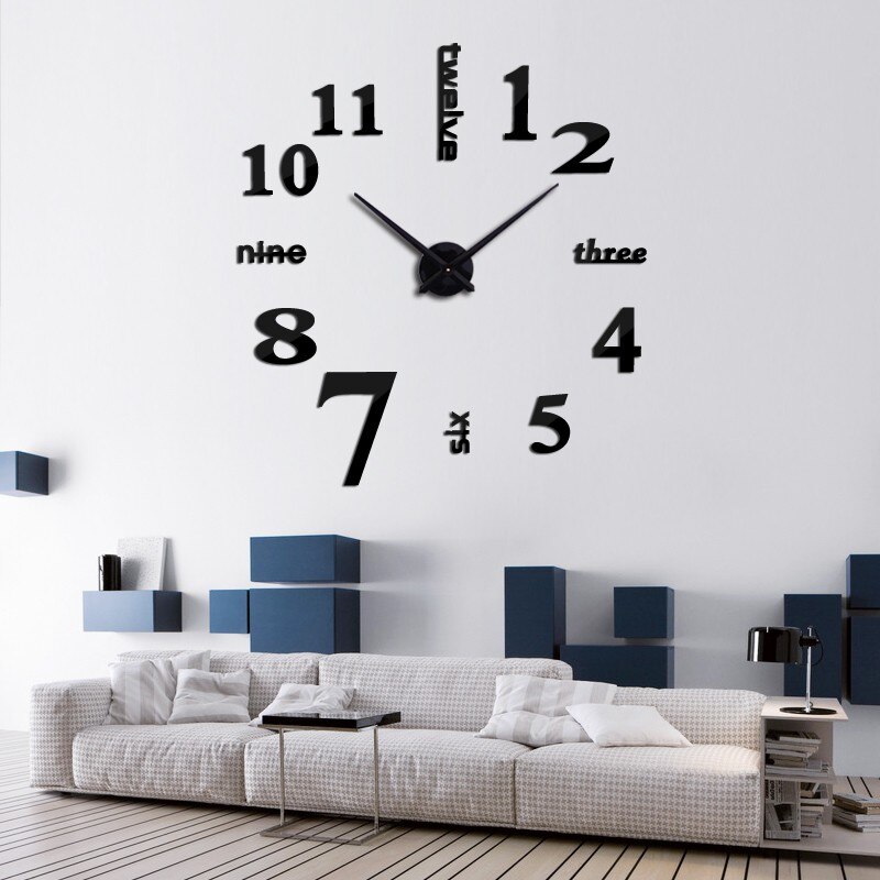 Reloj de pared de cuarzo 3D moderno, Relojes de pared acrílicos grandes reales, espejo, pegatina de pared, reloj de decoración grande para el hogar y la sala de estar: Black / 37 inch