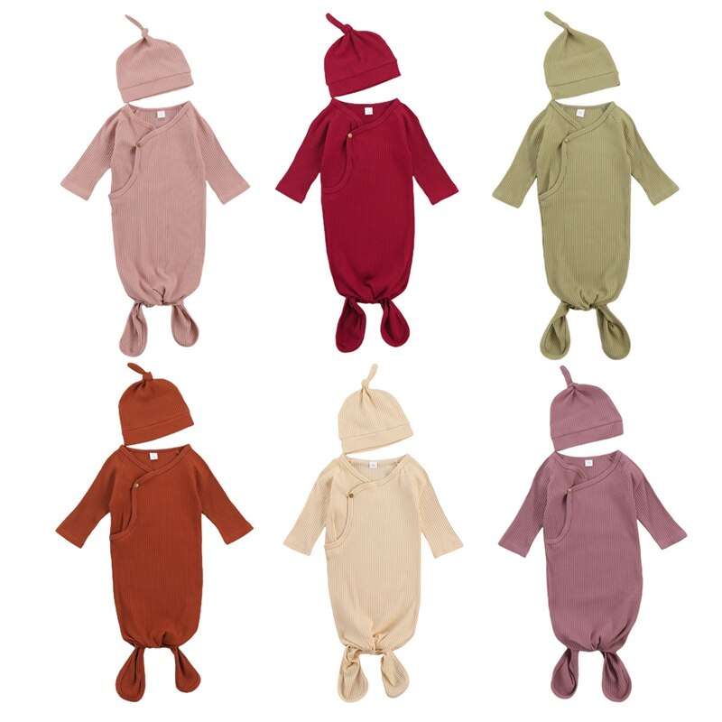 Peuter Baby Meisjes Jongens Geribbelde Slaapzak Katoen Solid Lange Mouwen Slapen Pocket + Elastische Hoed 0-3M nachtkleding 10 Kleuren