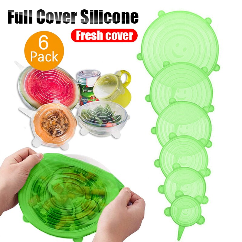 Tapas elásticas de silicona de cobertura completa, cubiertas herméticas para envolver alimentos, utensilios de cocina elásticos con sello fresco, 6 uds.