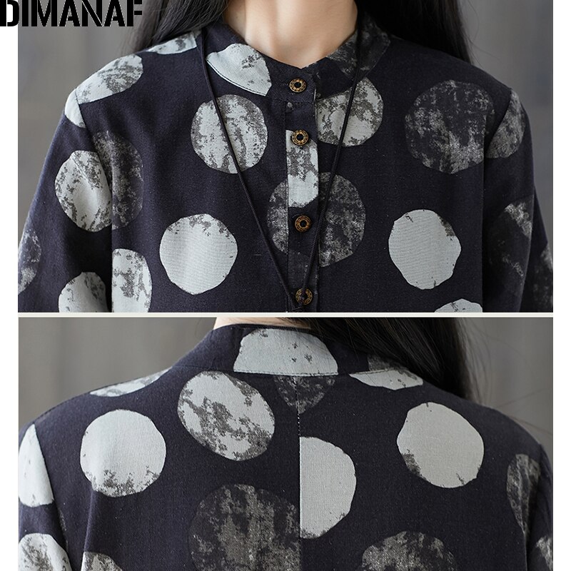 DIMANAF grande taille femmes robe Vintage à manches longues imprimé point femme Vestidos coton tenue décontractée en vrac automne vêtements