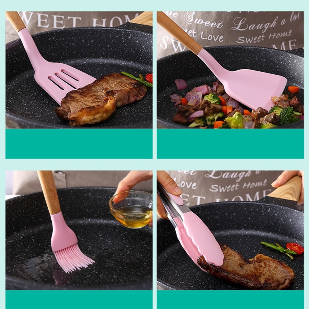 Silicone Kitchenware With Storage Bucket 12-piece Set Beech Wood Handle Kitchenware For Non-stick Pans